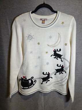 White Stag Womens Cream Christmas Sweater Santa Sleigh Reindeer Embroidered M